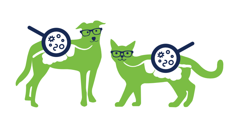 AnimalBiome cat and dog logo. green cat and dog with eyeglasses and microscopes on top of their gut area